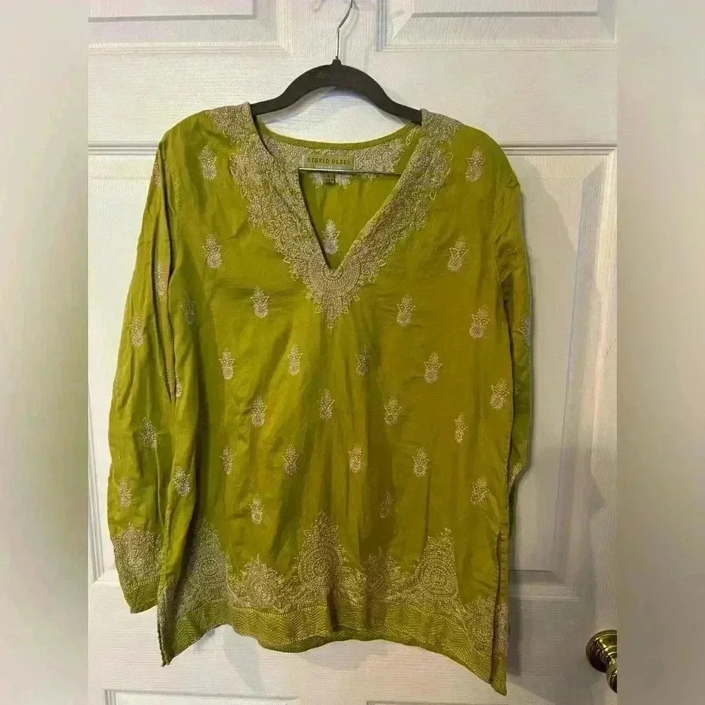 Sigrid Olsen Signature Chartreuse Green Embroidered Tunic Cotton Blouse Small